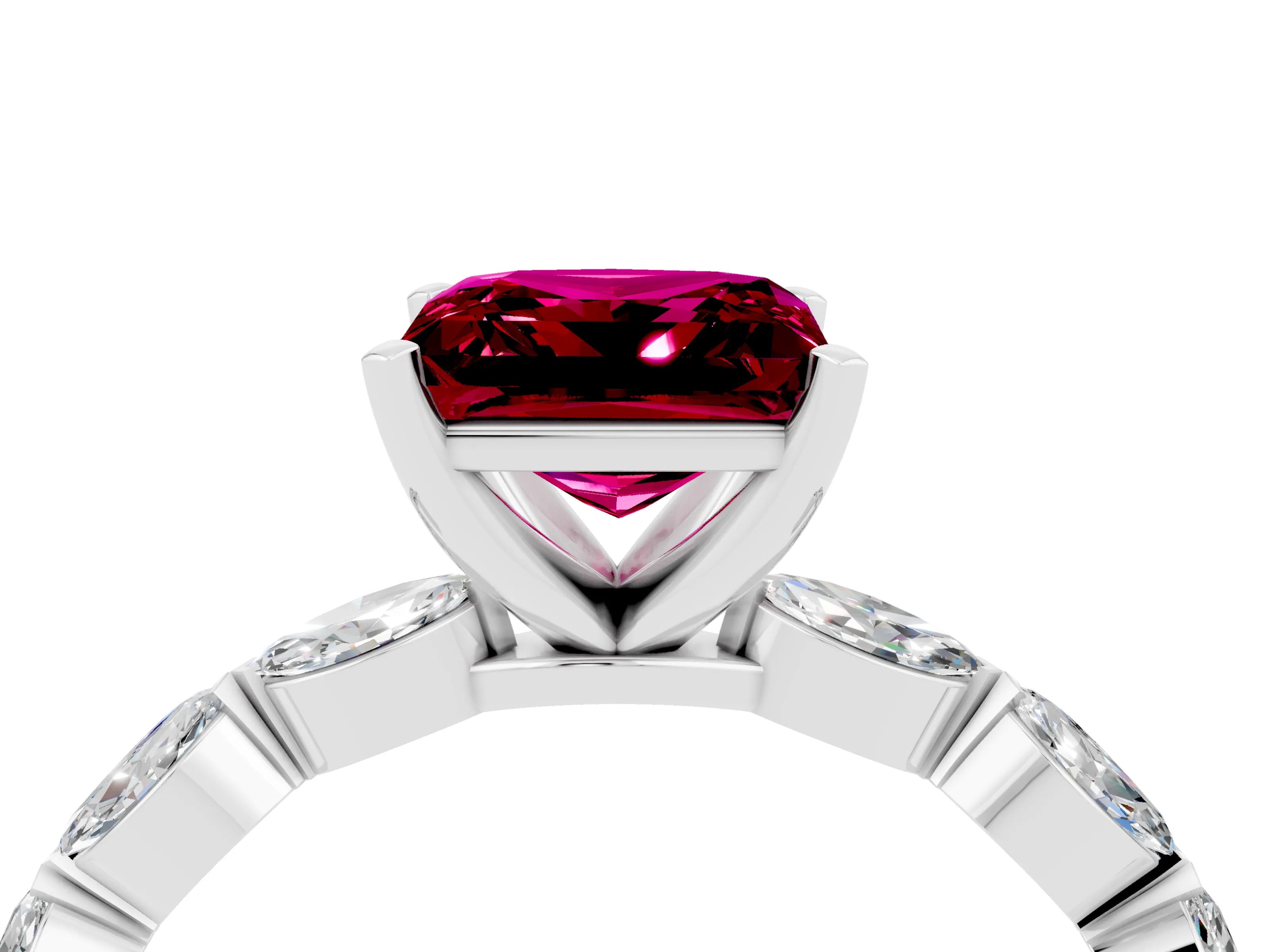 White gold Princess Cut Garnet Ring with Marquise Side Stones and Prong Setting_4