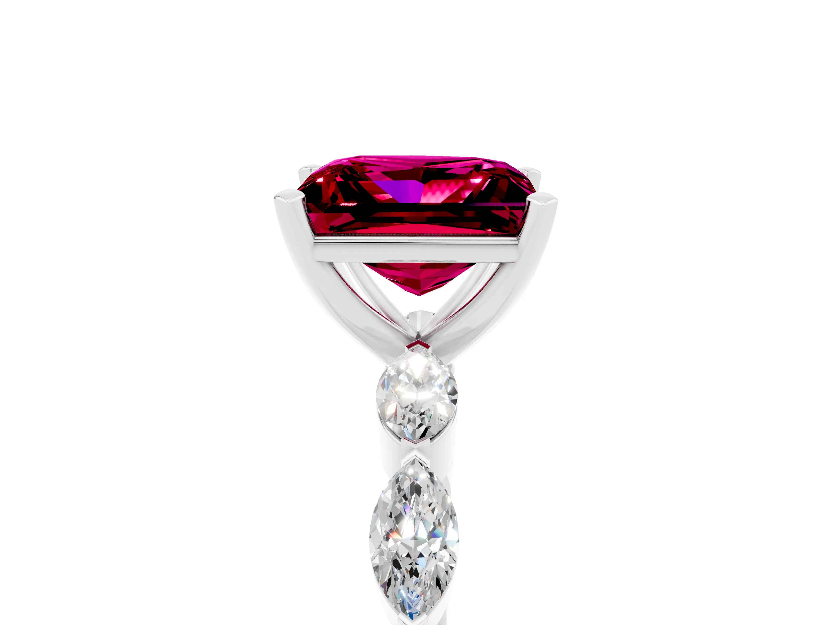 White gold Princess Cut Garnet Ring with Marquise Side Stones and Prong Setting_5