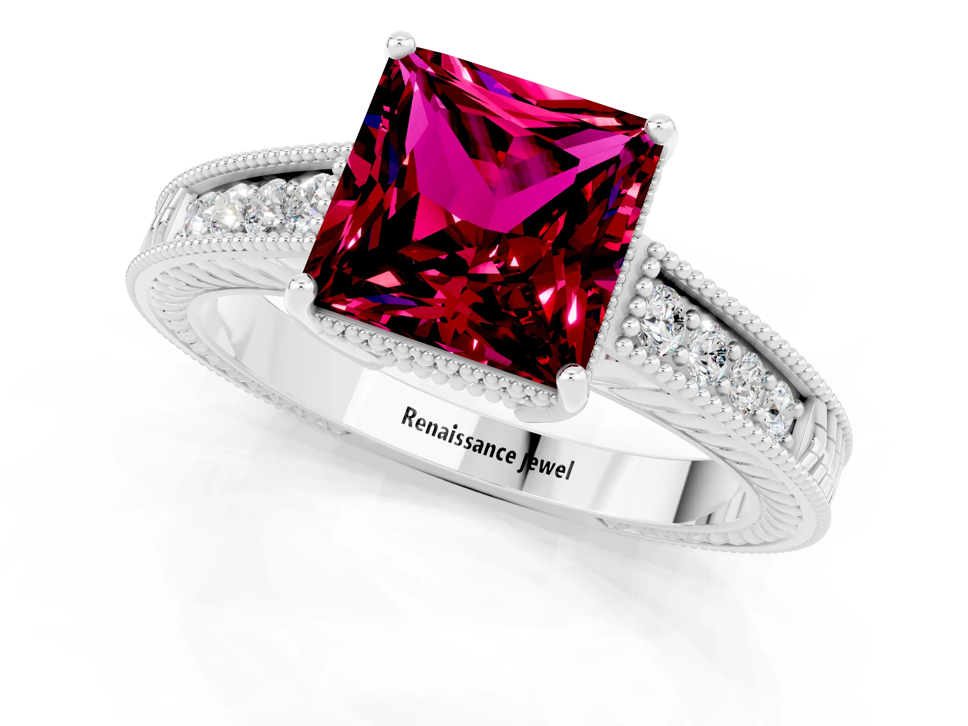 White gold Princess Cut Garnet Ring with Milgrain Pavé Band and Four-Prong Setting_13