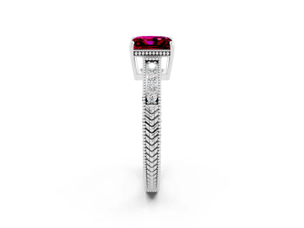 White gold Princess Cut Garnet Ring with Milgrain Pavé Band and Four-Prong Setting