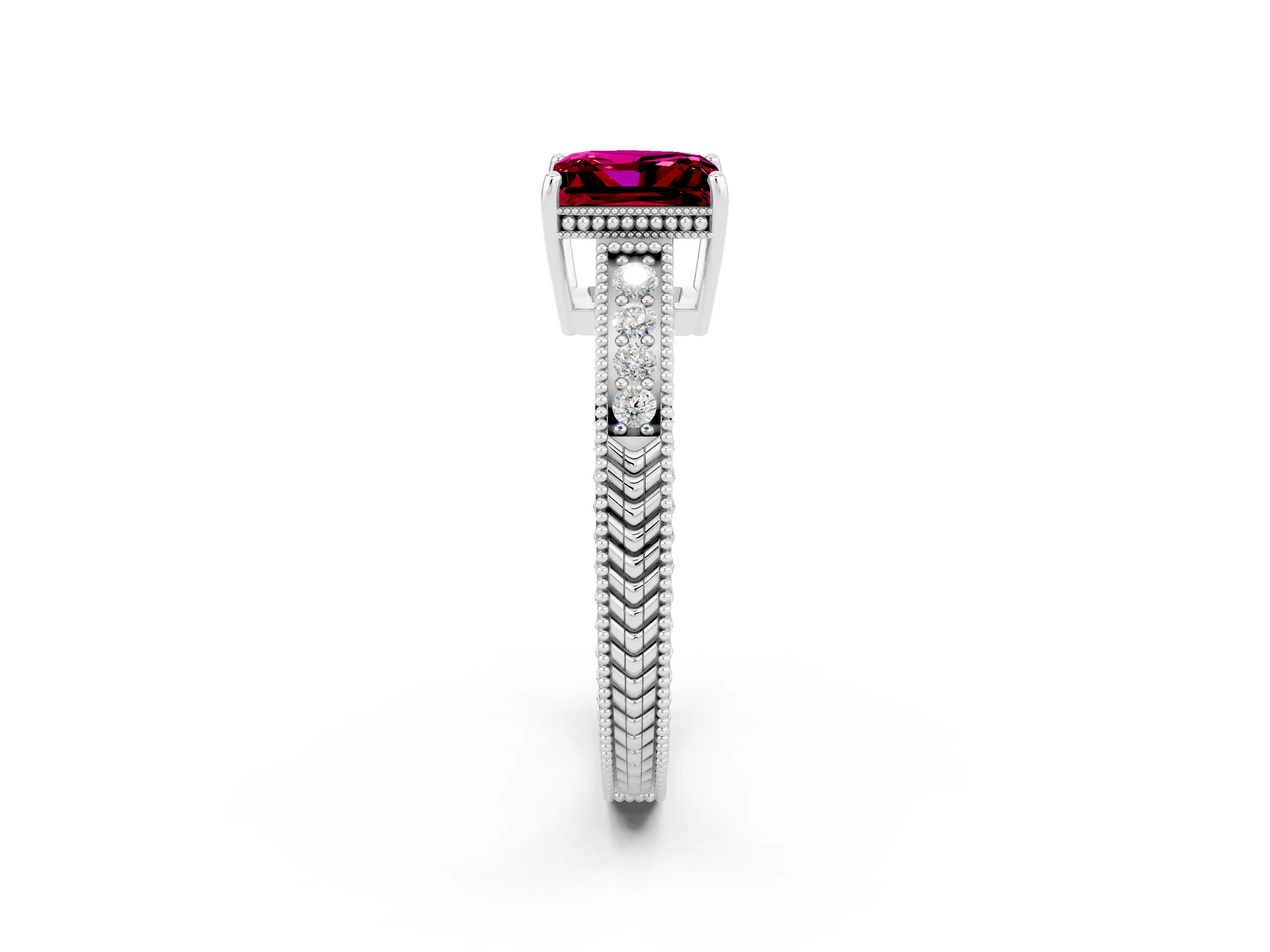 White gold Princess Cut Garnet Ring with Milgrain Pavé Band and Four-Prong Setting_14