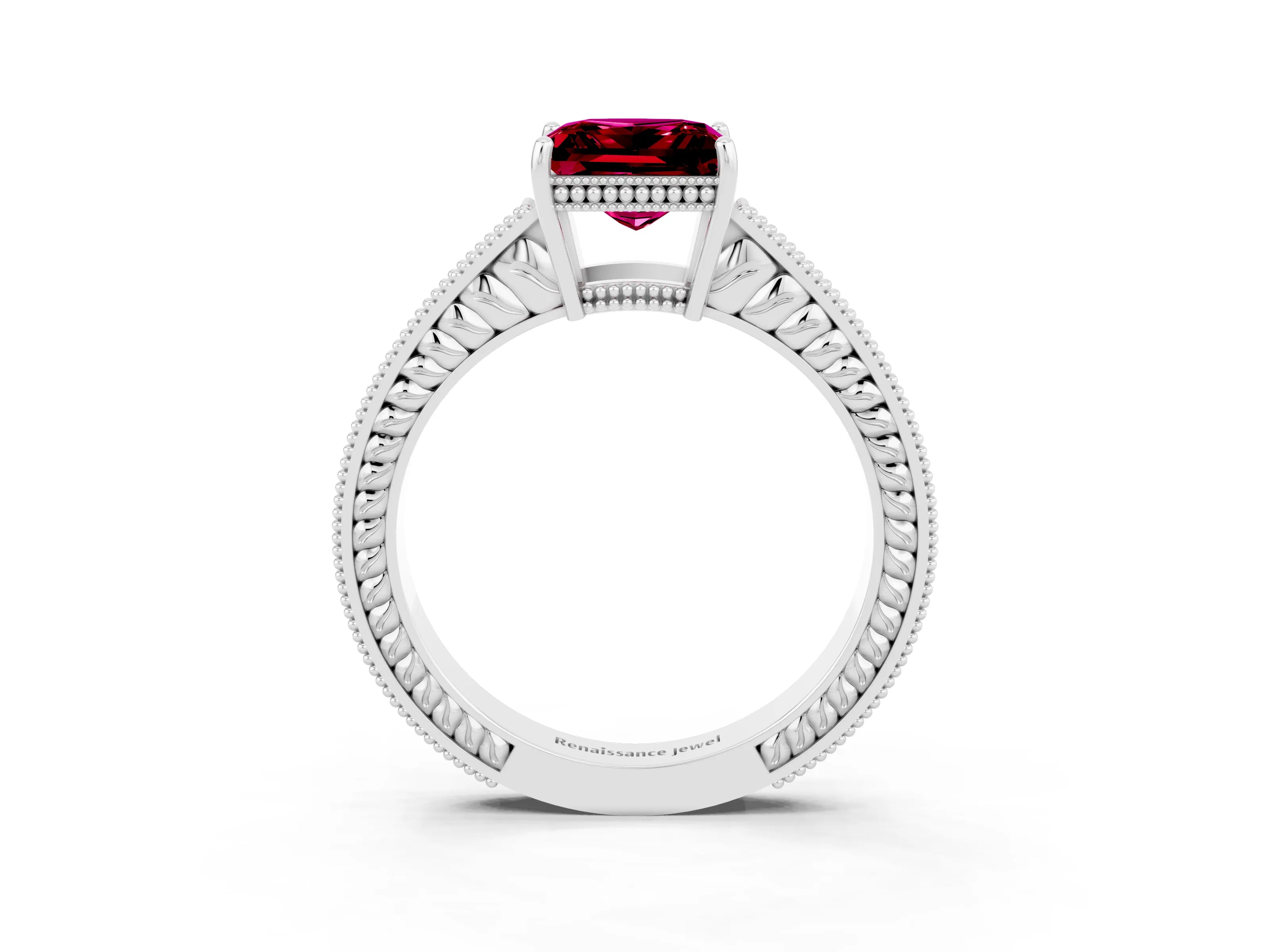 White gold Princess Cut Garnet Ring with Milgrain Pavé Band and Four-Prong Setting_15