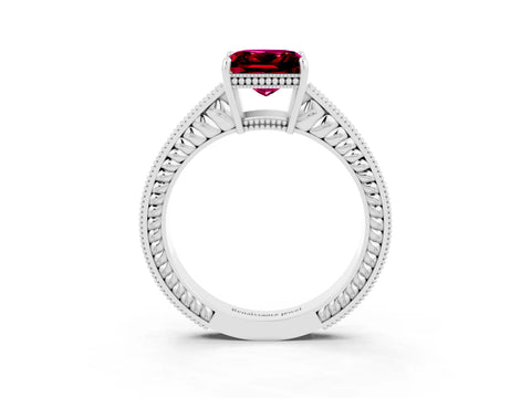 White gold Princess Cut Garnet Ring with Milgrain Pavé Band and Four-Prong Setting_15