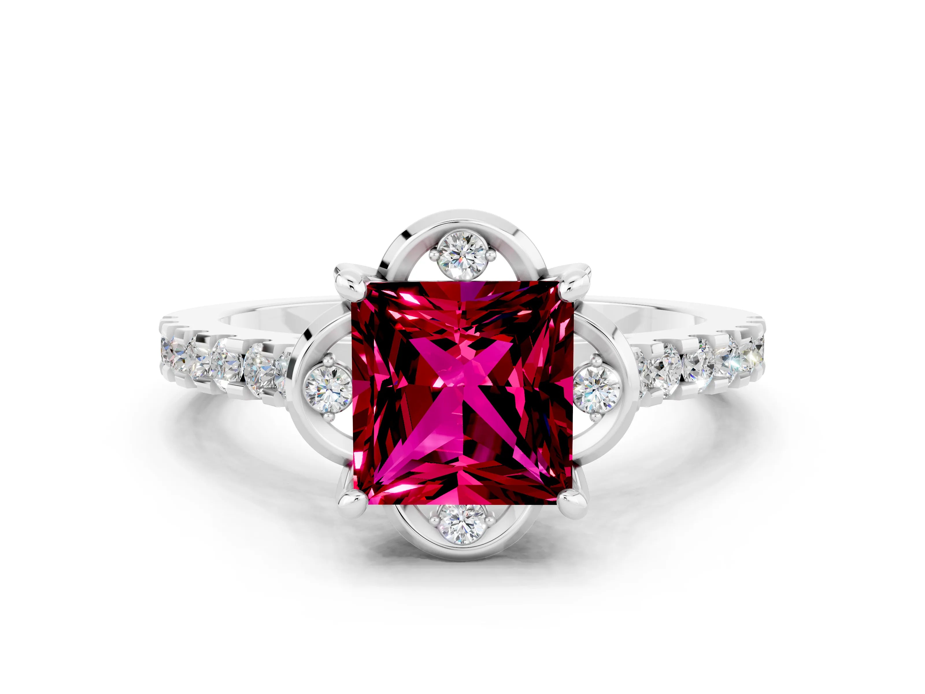 White gold Princess Cut Garnet Ring with Pavé Band and Floral Prong Setting