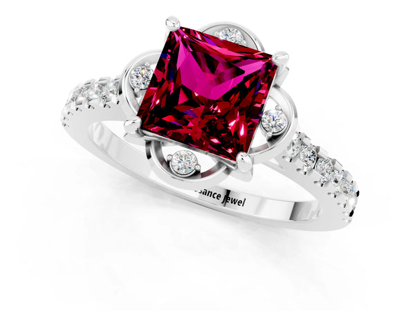 Platinum Princess Cut Garnet Ring with Pavé Band and Floral Prong Setting