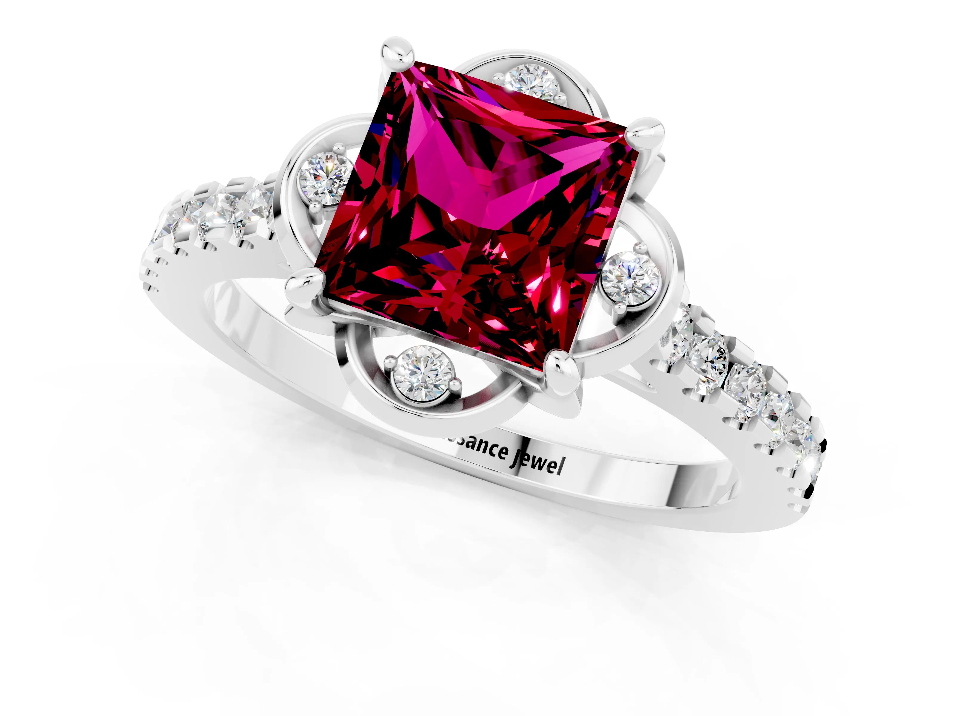 White gold Princess Cut Garnet Ring with Pavé Band and Floral Prong Setting_1