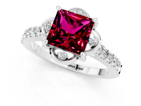 White gold Princess Cut Garnet Ring with Pavé Band and Floral Prong Setting_1