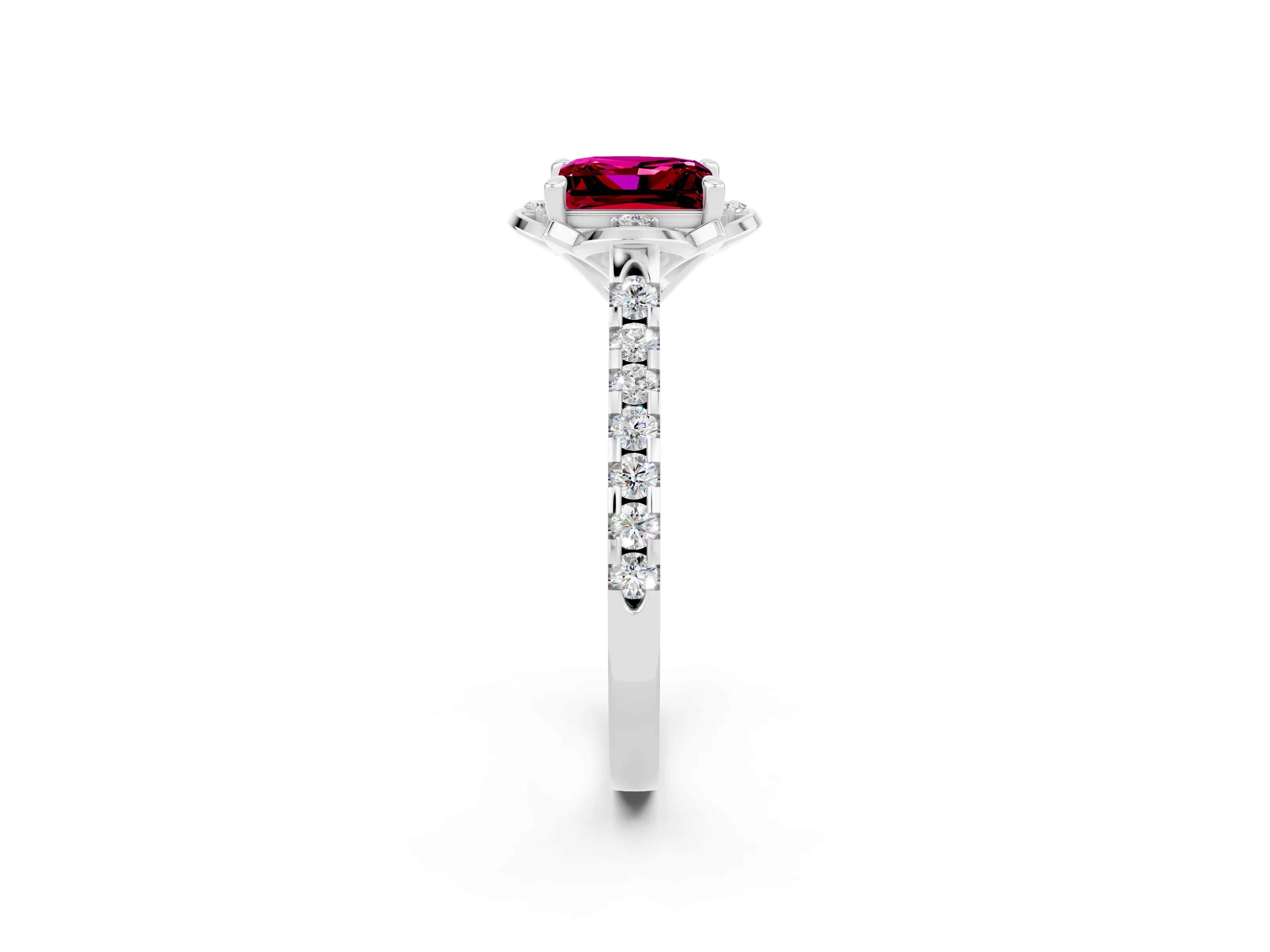White gold Princess Cut Garnet Ring with Pavé Band and Floral Prong Setting_2