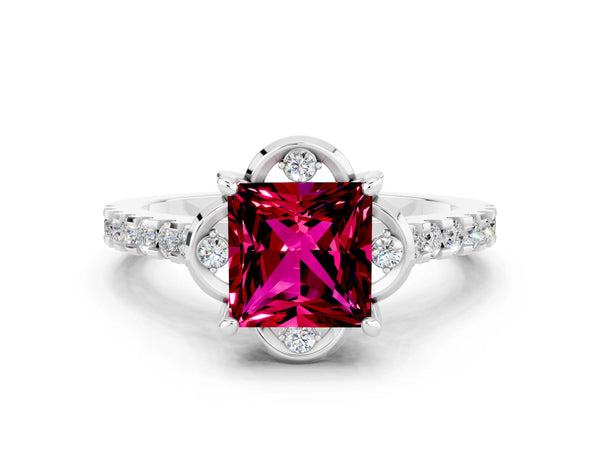 Silver Princess Cut Garnet Ring with Pavé Band and Floral Prong Setting