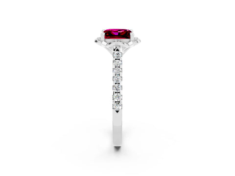 White gold Princess Cut Garnet Ring with Pavé Band and Floral Prong Setting_2