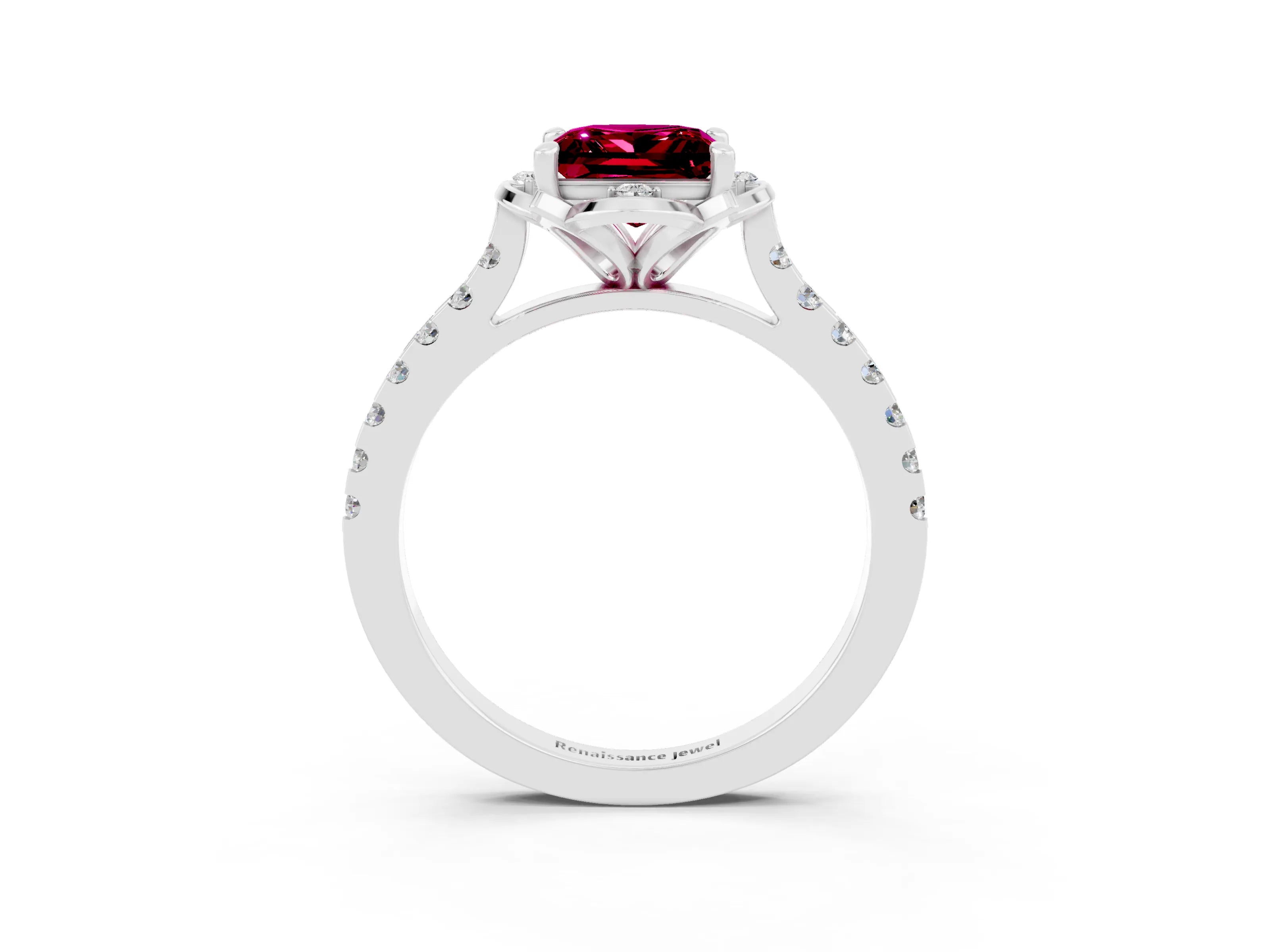 White gold Princess Cut Garnet Ring with Pavé Band and Floral Prong Setting_3