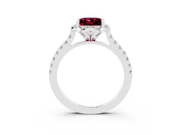 White gold Princess Cut Garnet Ring with Pavé Band and Floral Prong Setting