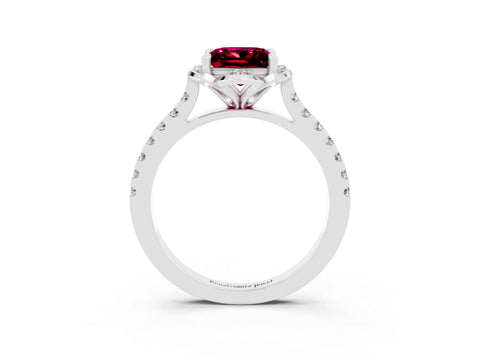 White gold Princess Cut Garnet Ring with Pavé Band and Floral Prong Setting_3