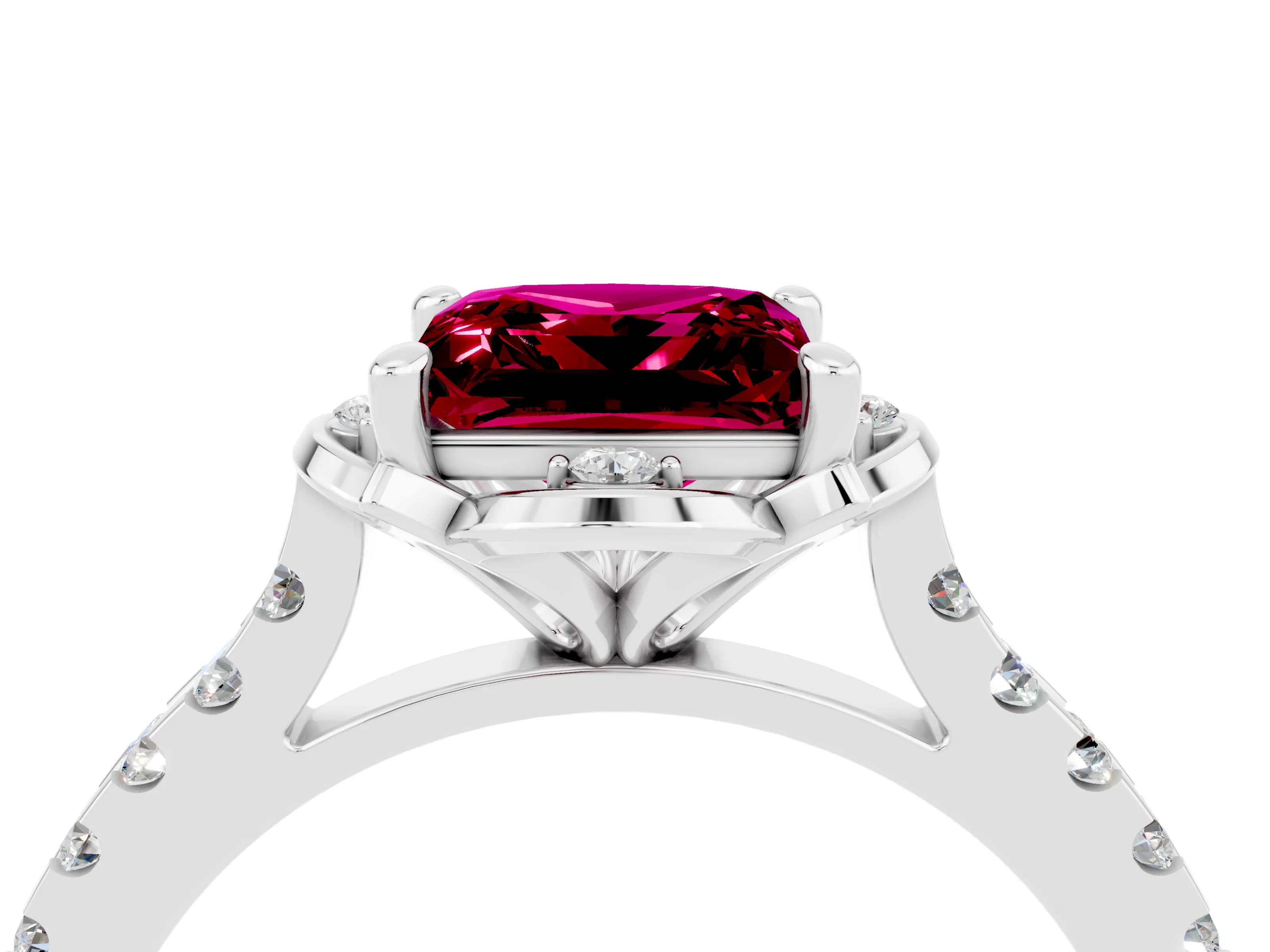 White gold Princess Cut Garnet Ring with Pavé Band and Floral Prong Setting_4