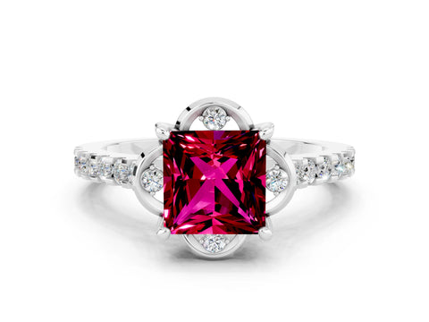 White gold Princess Cut Garnet Ring with Pavé Band and Floral Prong Setting