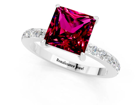 White gold Princess Cut Garnet Ring with Pavé Band and Four-Prong Setting_1