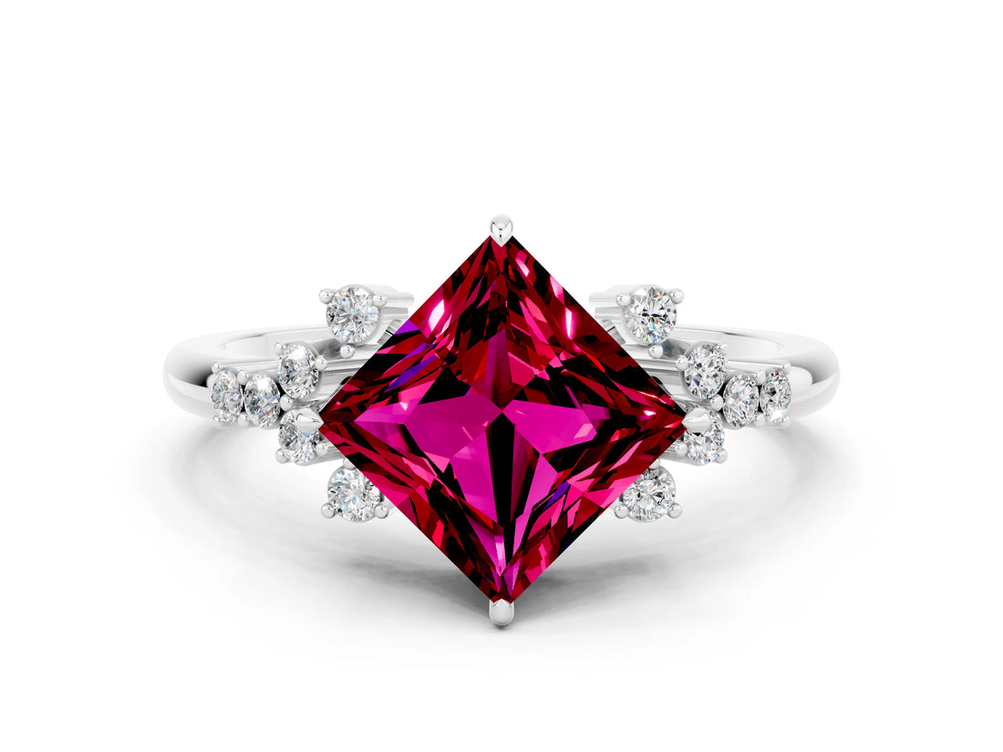 White gold Princess Cut Garnet Ring with Side Stones and Four-Prong Setting_36