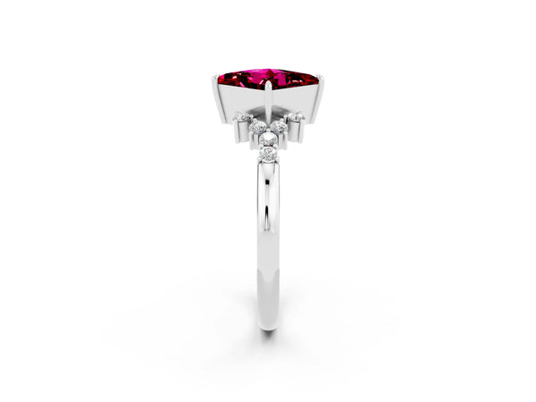White gold Princess Cut Garnet Ring with Side Stones and Four-Prong Setting