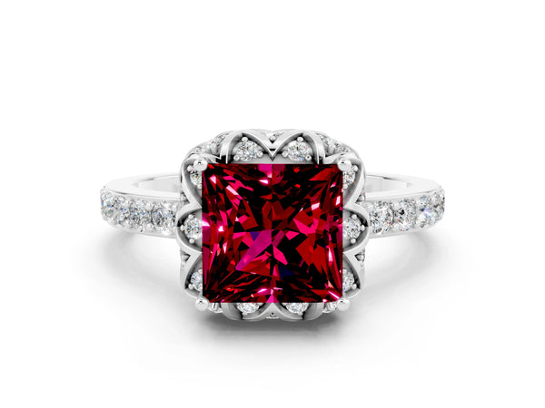 Platinum Princess Cut Garnet Scalloped Halo Engagement Ring with Round Shared Prong Band
