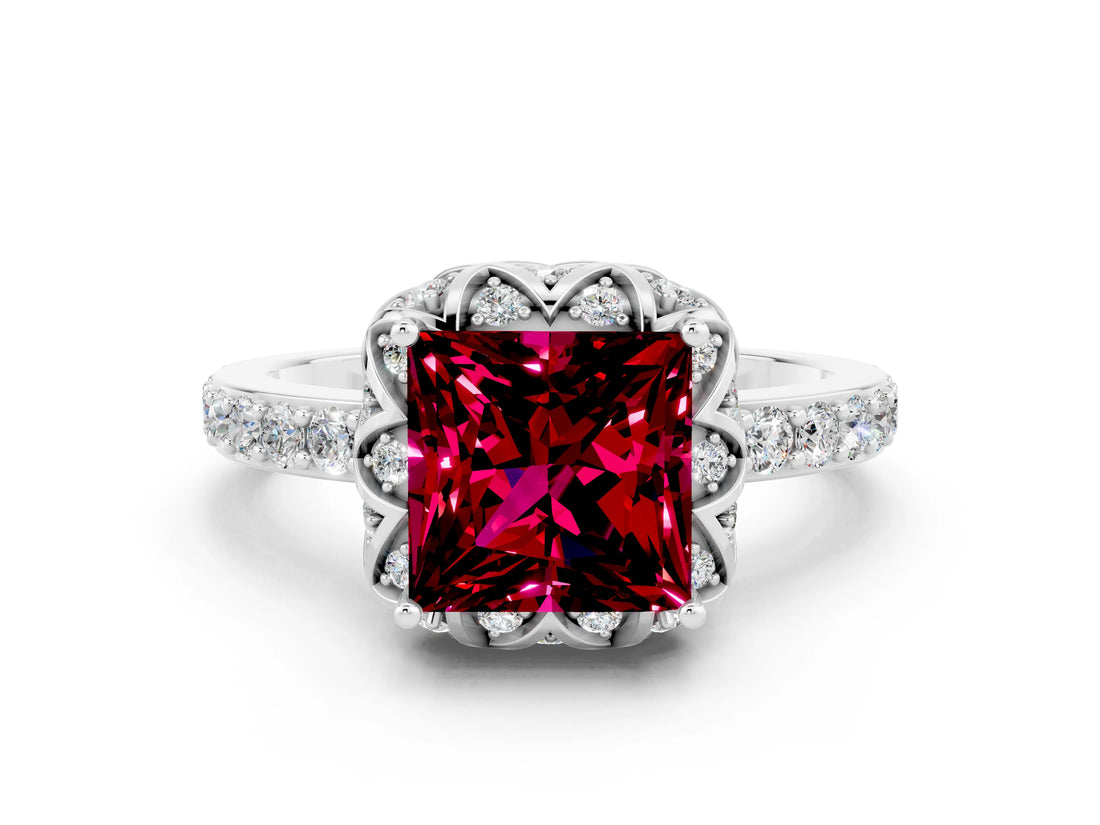 White gold Princess Cut Garnet Scalloped Halo Engagement Ring with Round Shared Prong Band_12