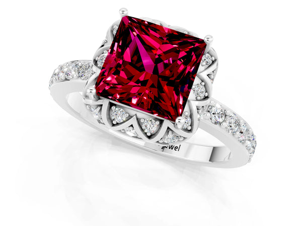 Silver Princess Cut Garnet Scalloped Halo Engagement Ring with Round Shared Prong Band