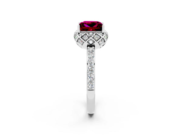 Platinum Princess Cut Garnet Scalloped Halo Engagement Ring with Round Shared Prong Band