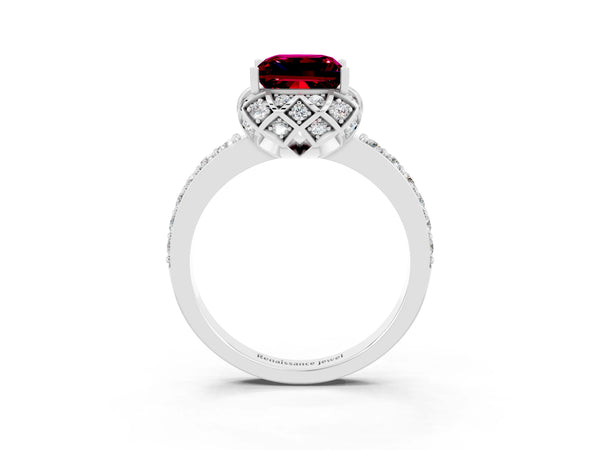 Platinum Princess Cut Garnet Scalloped Halo Engagement Ring with Round Shared Prong Band