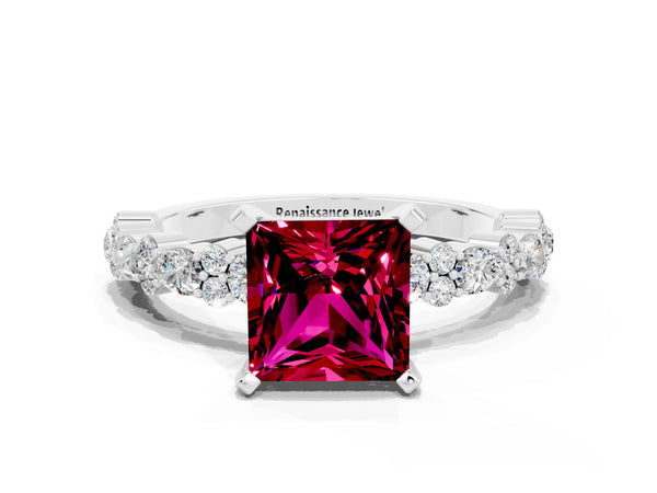 Silver Princess Cut Garnet Side Stone Solitaire Ring with Round and Four-Prong Setting