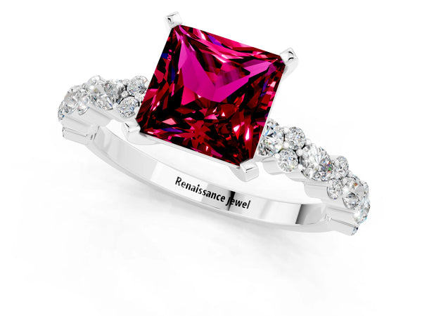 Silver Princess Cut Garnet Side Stone Solitaire Ring with Round and Four-Prong Setting