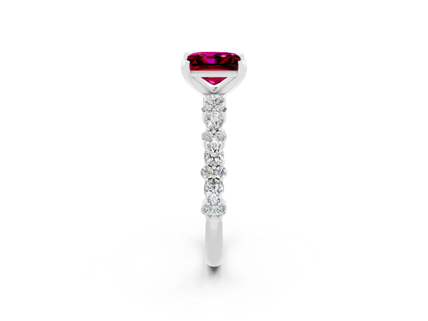 White gold Princess Cut Garnet Side Stone Solitaire Ring with Round and Four-Prong Setting