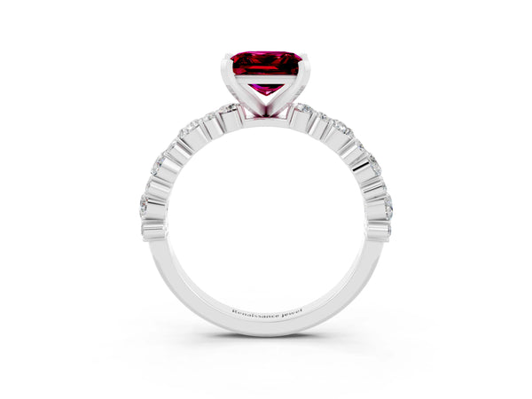 Silver Princess Cut Garnet Side Stone Solitaire Ring with Round and Four-Prong Setting