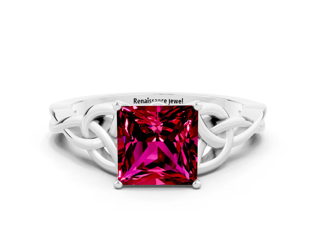White gold Princess Cut Garnet Solitaire Celtic Knot Ring with Four-Prong Setting_12