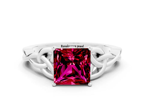 White gold Princess Cut Garnet Solitaire Celtic Knot Ring with Four-Prong Setting_12