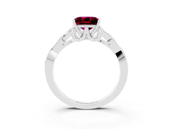 Platinum Princess Cut Garnet Solitaire Celtic Knot Ring with Four-Prong Setting