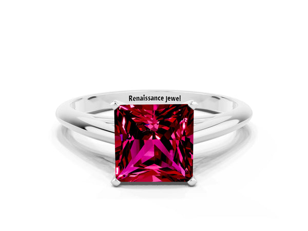 Platinum Princess Cut Garnet Solitaire Engagement Ring with Cathedral Setting and Four-Prong Mount