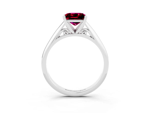 Platinum Princess Cut Garnet Solitaire Engagement Ring with Cathedral Setting and Four-Prong Mount