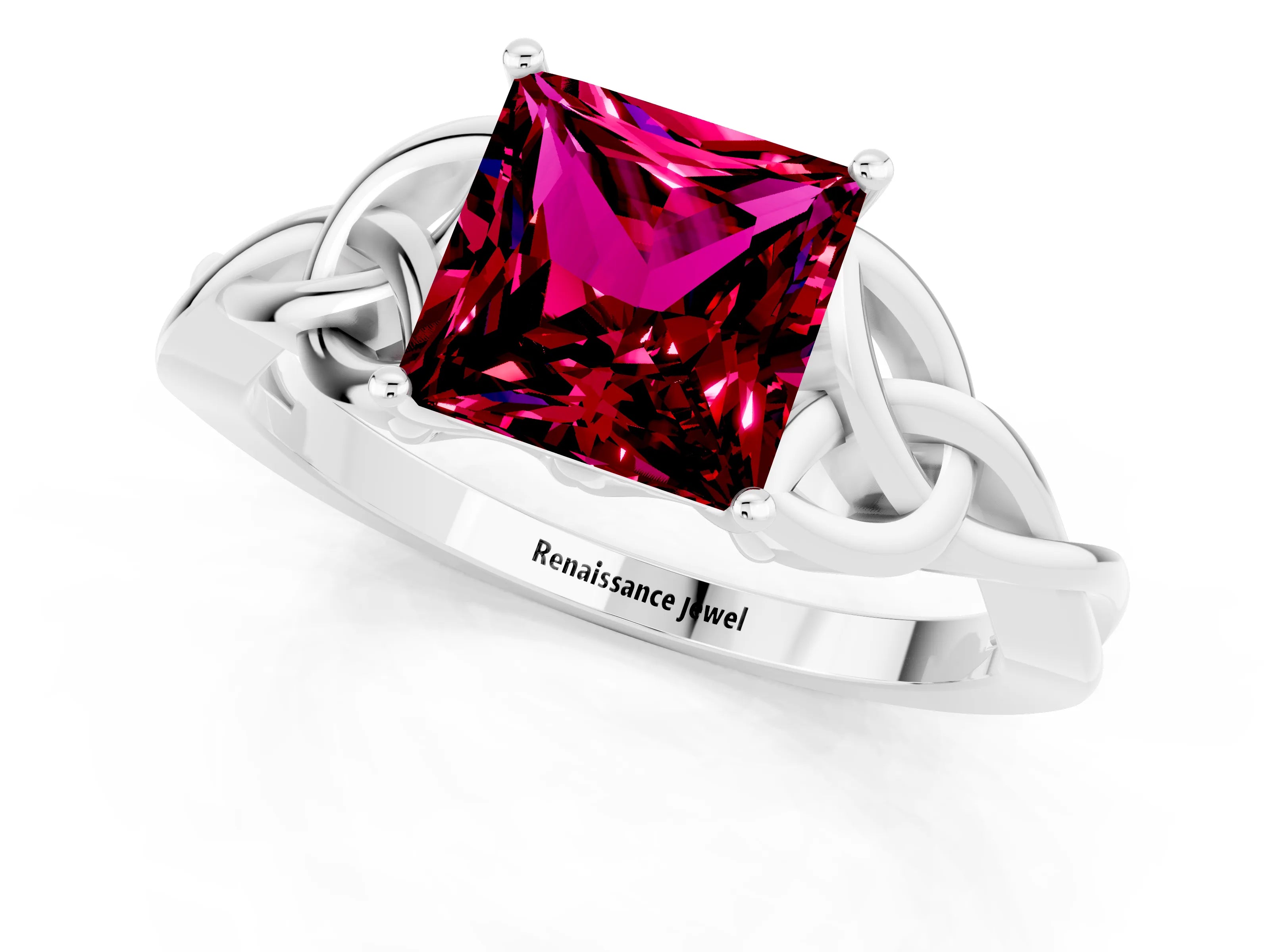 White gold Princess Cut Garnet Solitaire Engagement Ring with Celtic Knot Band and Four-Prong Setting_1