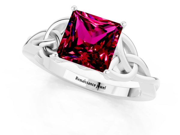 White gold Princess Cut Garnet Solitaire Engagement Ring with Celtic Knot Band and Four-Prong Setting