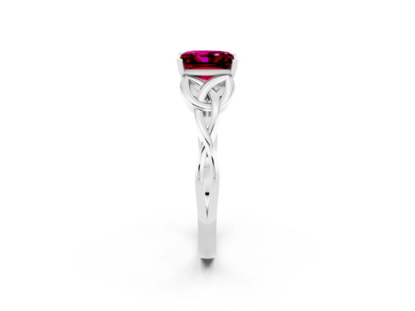 Platinum Princess Cut Garnet Solitaire Engagement Ring with Celtic Knot Band and Four-Prong Setting