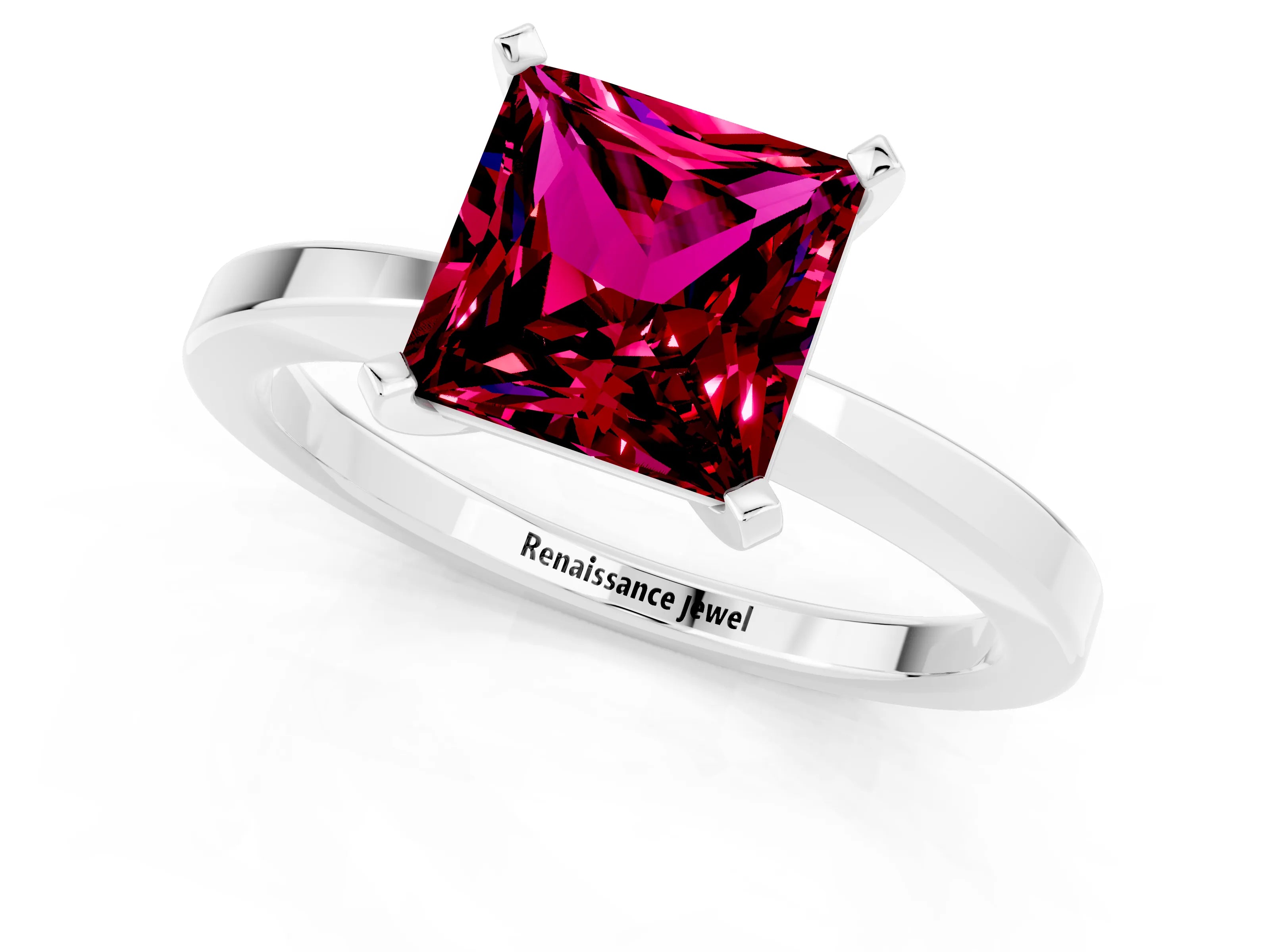 White gold Princess Cut Garnet Solitaire Engagement Ring with Classic Band and Four-Prong Setting_25