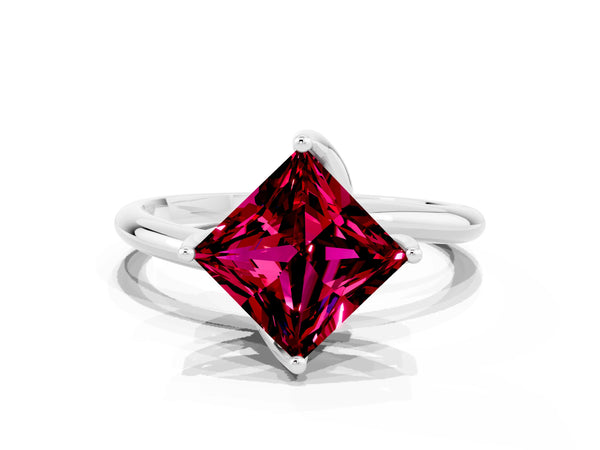 Platinum Princess Cut Garnet Solitaire Engagement Ring with Four-Prong Setting and Classic Band