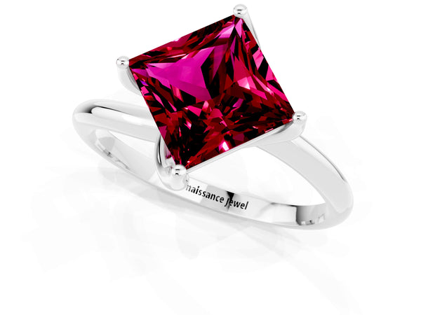Silver Princess Cut Garnet Solitaire Engagement Ring with Four-Prong Setting and Classic Band