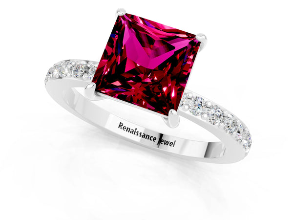 Platinum Princess Cut Garnet Solitaire Engagement Ring with Pavé Band and Four-Prong Setting