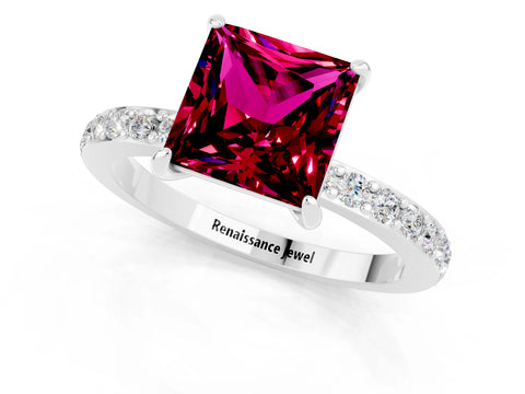 White gold Princess Cut Garnet Solitaire Engagement Ring with Pavé Band and Four-Prong Setting_1