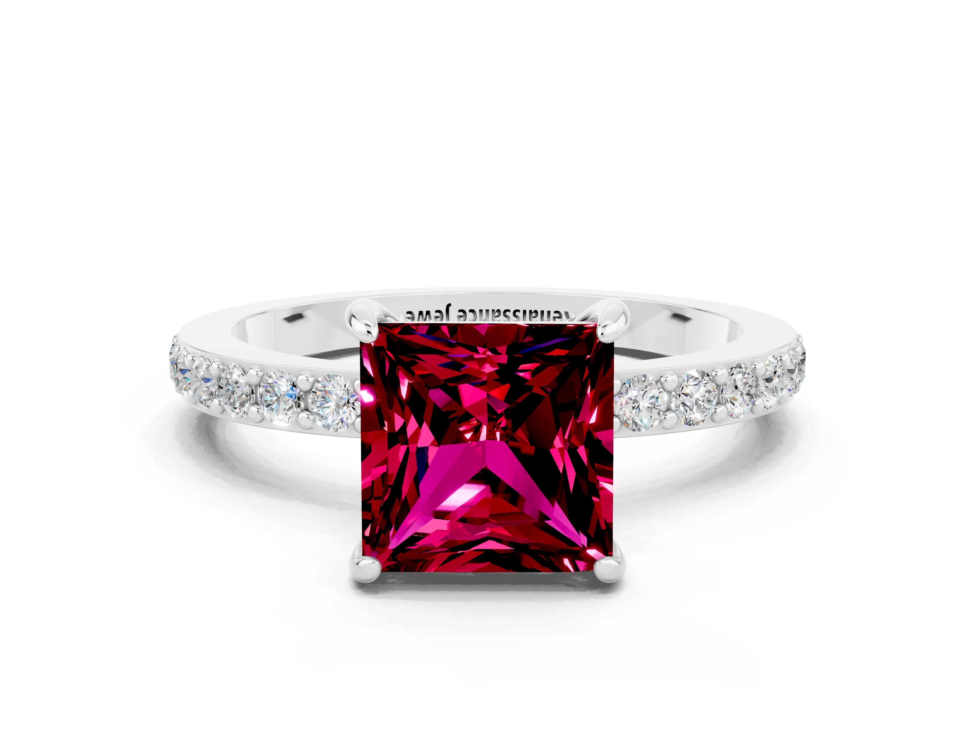 White gold Princess Cut Garnet Solitaire Engagement Ring with Pavé Band and Four-Prong Setting