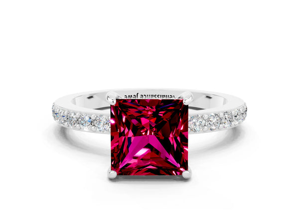 White gold Princess Cut Garnet Solitaire Engagement Ring with Pavé Band and Four-Prong Setting