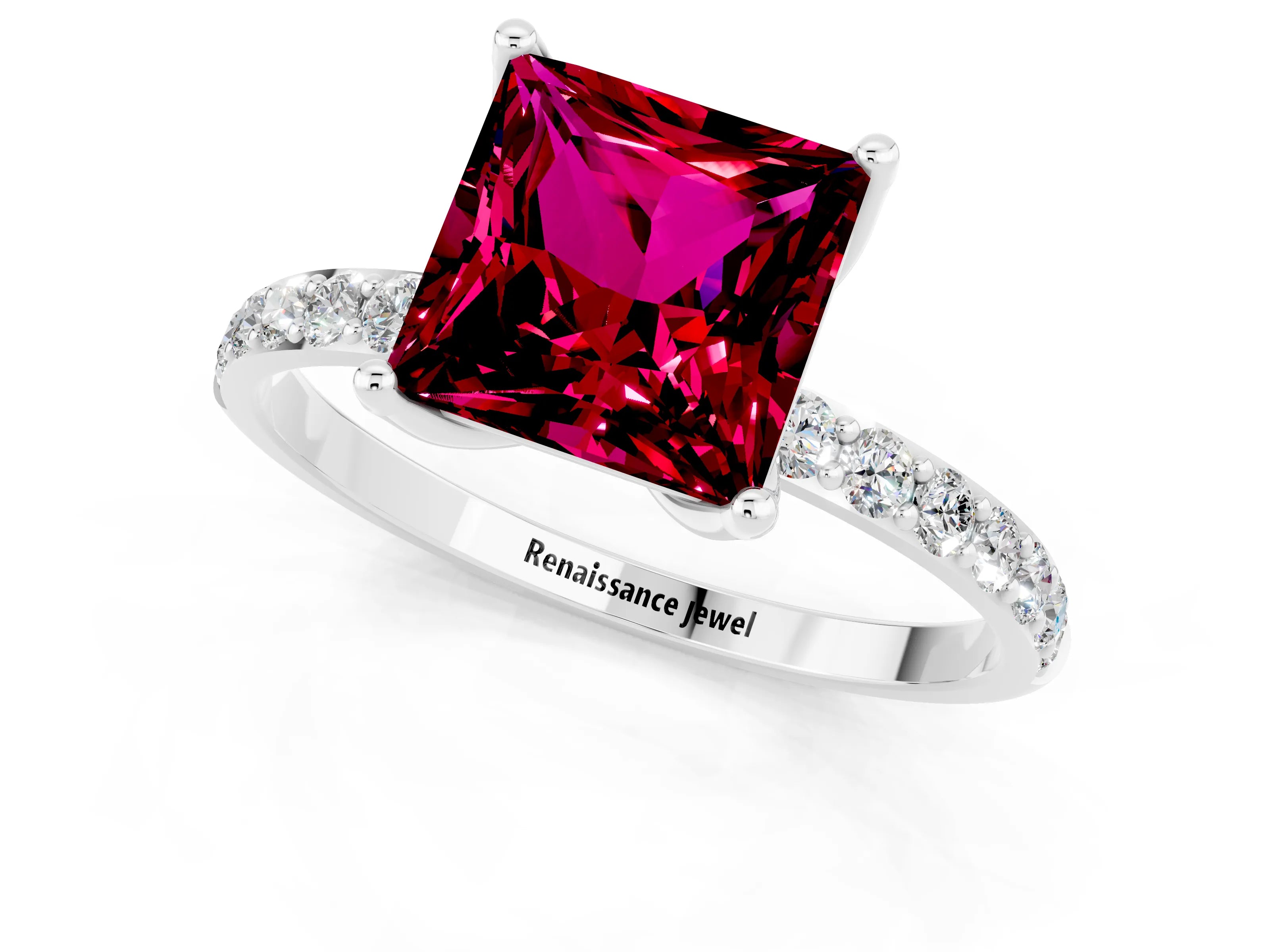 White gold Princess Cut Garnet Solitaire Engagement Ring with Pavé Band and Prong Setting_1