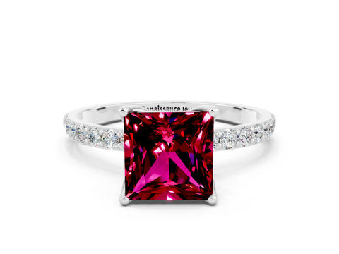 White gold Princess Cut Garnet Solitaire Engagement Ring with Pavé Band and Prong Setting