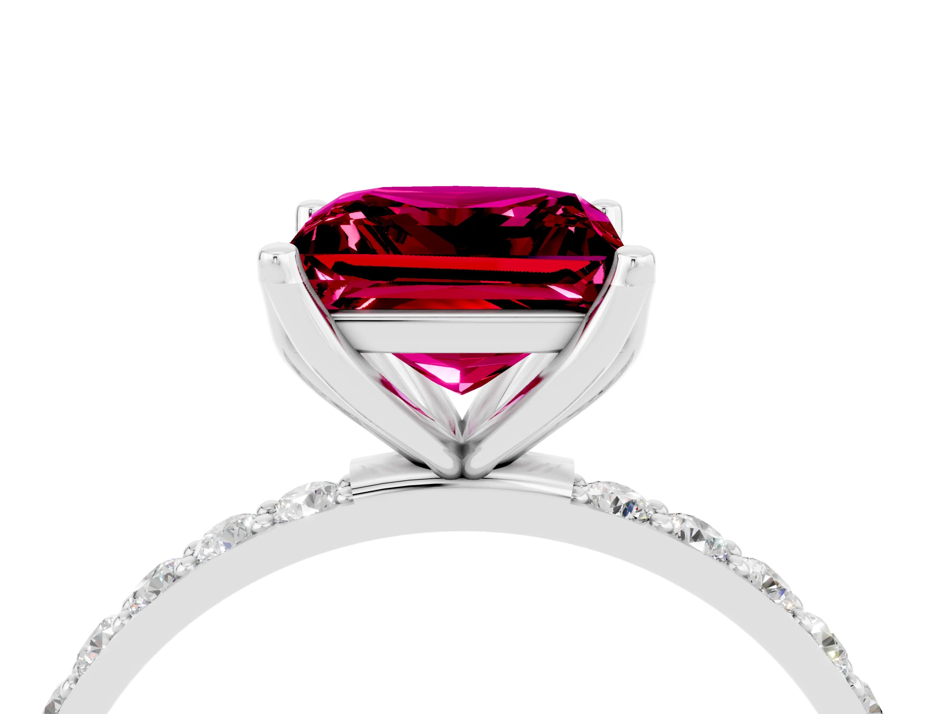 White gold Princess Cut Garnet Solitaire Engagement Ring with Pavé Band and Prong Setting_4
