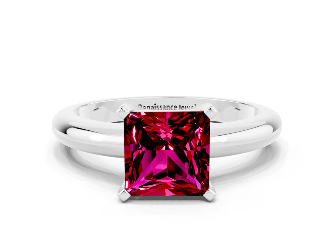 White gold Princess Cut Garnet Solitaire Engagement Ring with Round Band and Four-Prong Setting